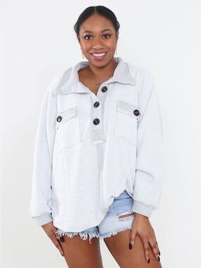 Light Gray Button Up Terry Cloth Pullover Bucketlist Medium